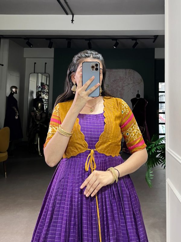 YNF 5028 Purple Color Tasar Chex Patola With Weaving Work Border Gown Casual, Wedding, Festive, Events . Expected Delivery  4-6 Working Days @1799/- only      | Gowns, Bollywood Gowns, Creative Gowns, Designer Gowns, Embroidered Gowns, Party Wear Gowns