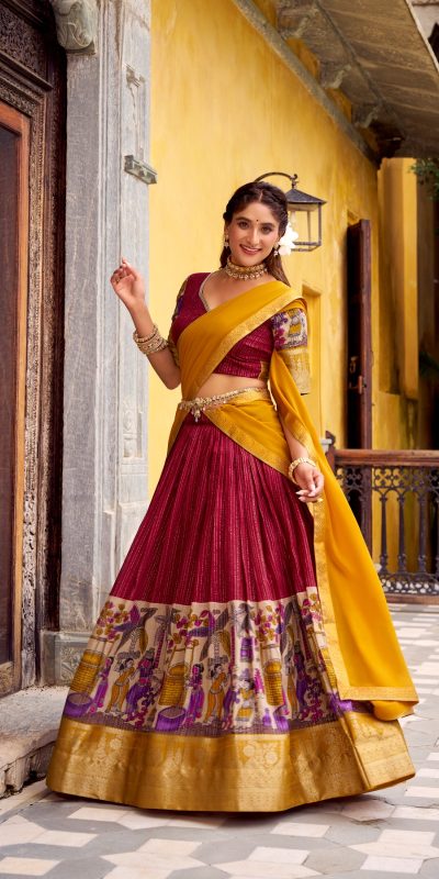 LNB 1242 Red Color Poly Chanderi Kalamkari Printed Zari Weaving Work Lehenga Choli Wedding, Party, Festive, Events Etc. Delivery 4-6 Working Days Rs 1899 | Lehenga, Bollywood Lehenga, Creative Lehenga, Designer Lehenga, Embroidered Lehenga, Party Wear Lehenga