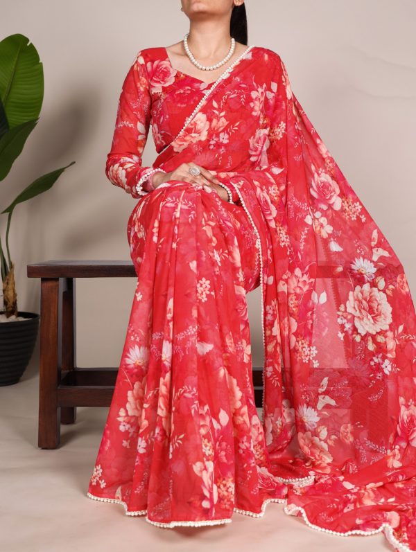 YNF 7010 Red Color Weightless Marbal Floral Printed Pearl Lace Saree Casual, Wedding, Festive, Events . Expected Delivery  4-6 Working Days @1599/- only                                                                                | Sarees, Bollywood Sarees, Creative Sarees, Designer Sarees, Embroidered Sarees, Ethnic Saree, Modern Digital sarees, Party Wear Sarees