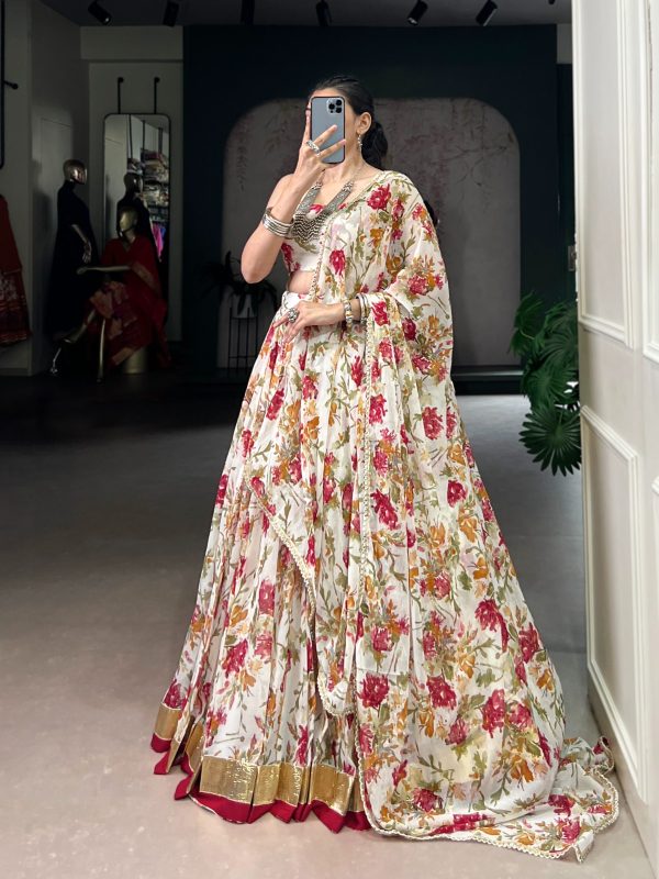 LNB 1672 White Color Chiffon Floral Print Foil Print Embossed Design Lehenga Choli Wedding, Party, Festive, Events Etc. Delivery 4-6 Working Days Rs 3499 | Lehenga, Bollywood Lehenga, Creative Lehenga, Designer Lehenga, Embroidered Lehenga, Party Wear Lehenga