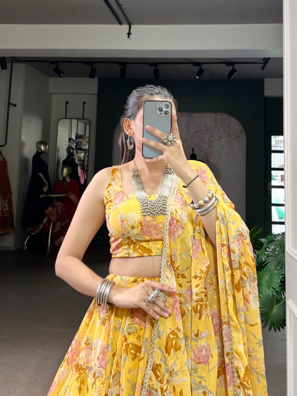LNB 1672 Yellow Color Chiffon Floral Print Foil Print Embossed Design Lehenga Choli Wedding, Party, Festive, Events Etc. Delivery 4-6 Working Days Rs 3499 | Lehenga, Bollywood Lehenga, Creative Lehenga, Designer Lehenga, Embroidered Lehenga, Party Wear Lehenga