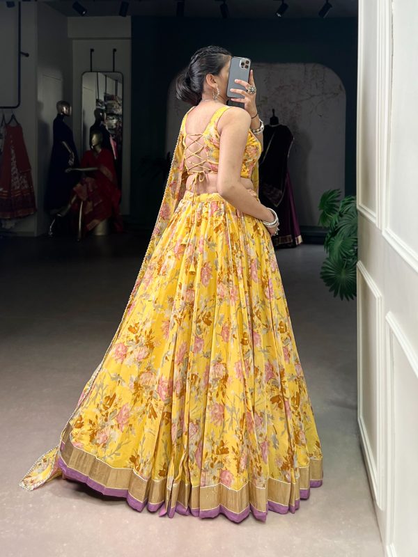 LNB 1672 Yellow Color Chiffon Floral Print Foil Print Embossed Design Lehenga Choli Wedding, Party, Festive, Events Etc. Delivery 4-6 Working Days Rs 3499 | Lehenga, Bollywood Lehenga, Creative Lehenga, Designer Lehenga, Embroidered Lehenga, Party Wear Lehenga