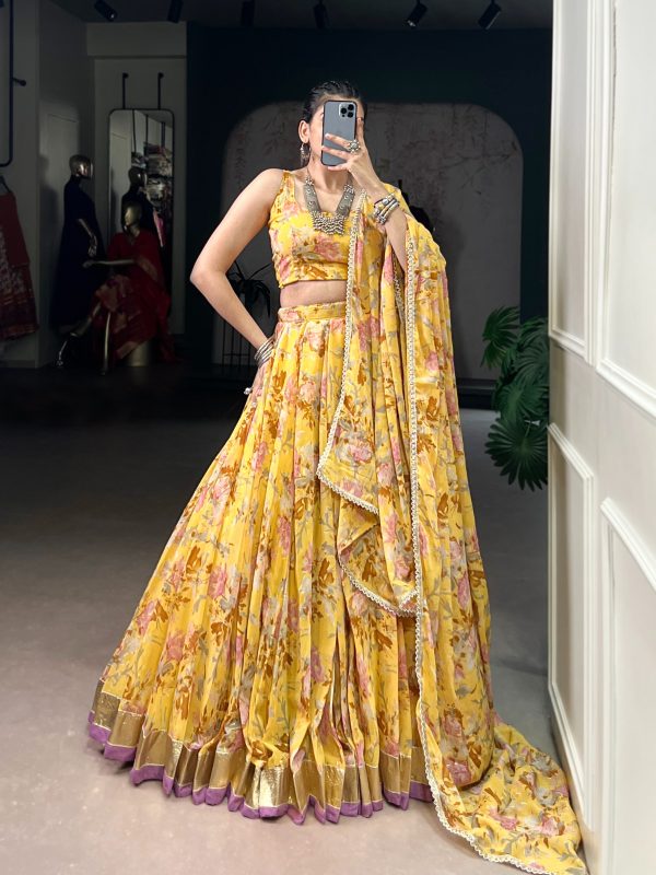 LNB 1672 Yellow Color Chiffon Floral Print Foil Print Embossed Design Lehenga Choli Wedding, Party, Festive, Events Etc. Delivery 4-6 Working Days Rs 3499 | Lehenga, Bollywood Lehenga, Creative Lehenga, Designer Lehenga, Embroidered Lehenga, Party Wear Lehenga