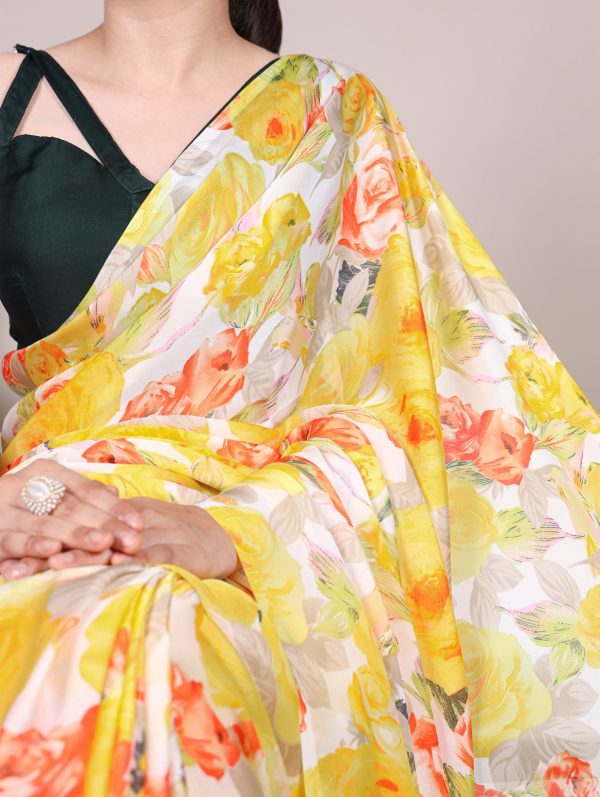 YNF 7017 Yellow Color Dull Satin Floral Printed Saree Casual, Wedding, Festive, Events . Expected Delivery  4-6 Working Days @1499/- only                                                                                | Sarees, Bollywood Sarees, Creative Sarees, Designer Sarees, Embroidered Sarees, Ethnic Saree, Modern Digital sarees, Party Wear Sarees