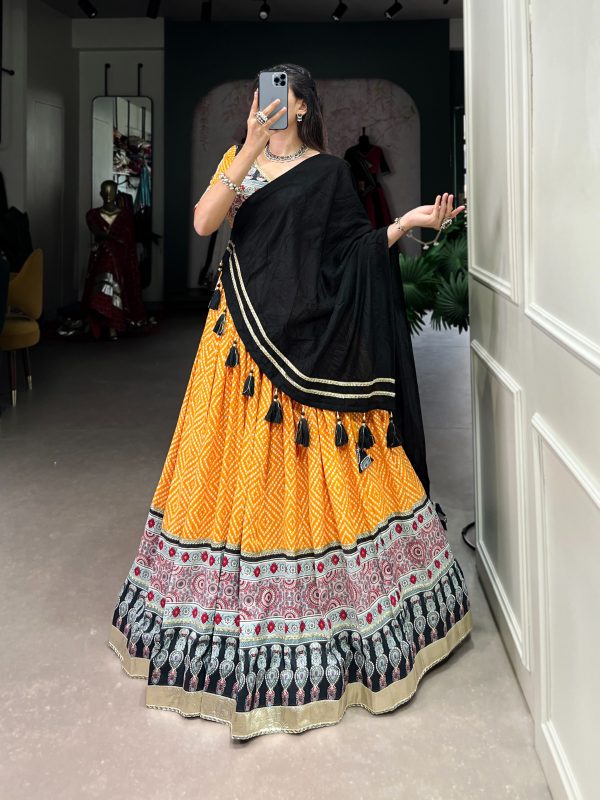 LNB 1712 Yellow Color Rayon Bandhej Ajarakh Print Embossed Gota Lace Lehenga Choli Wedding, Party, Festive, Events Etc. Delivery 4-6 Working Days Rs 1999 | Lehenga, Bollywood Lehenga, Creative Lehenga, Designer Lehenga, Embroidered Lehenga, Party Wear Lehenga