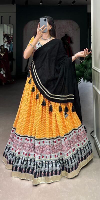 LNB 1712 Yellow Color Rayon Bandhej Ajarakh Print Embossed Gota Lace Lehenga Choli Wedding, Party, Festive, Events Etc. Delivery 4-6 Working Days Rs 1999 | Lehenga, Bollywood Lehenga, Creative Lehenga, Designer Lehenga, Embroidered Lehenga, Party Wear Lehenga