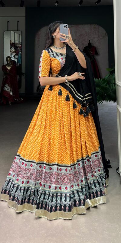 LNB 1712 Yellow Color Rayon Bandhej Ajarakh Print Embossed Gota Lace Lehenga Choli Wedding, Party, Festive, Events Etc. Delivery 4-6 Working Days Rs 1999 | Lehenga, Bollywood Lehenga, Creative Lehenga, Designer Lehenga, Embroidered Lehenga, Party Wear Lehenga