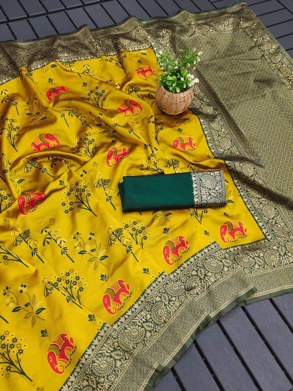 KP 6004 Yellow Soft Lichi Silk Jacquard Work With Designer Work Saree. Grab it for ₹1499. Delivery 4-6 Working Days. Shop now. | Sarees, Bollywood Sarees, Creative Sarees, Designer Sarees, Embroidered Sarees, Ethnic Saree, Modern Digital sarees, Party Wear Sarees
