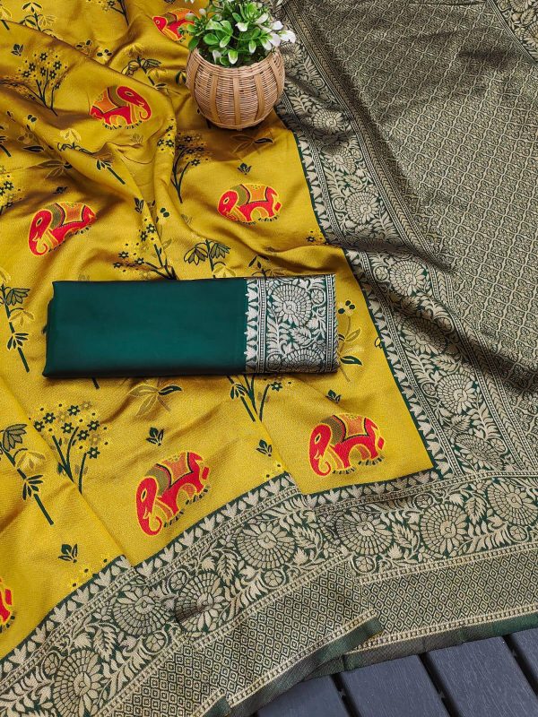 KP 6004 Yellow Soft Lichi Silk Jacquard Work With Designer Work Saree. Grab it for ₹1499. Delivery 4-6 Working Days. Shop now. | Sarees, Bollywood Sarees, Creative Sarees, Designer Sarees, Embroidered Sarees, Ethnic Saree, Modern Digital sarees, Party Wear Sarees