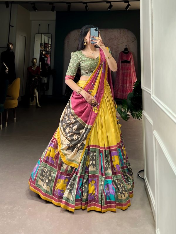 LNB 1235 Yellow Color Tasar Silk Kalamkari With Foil Work Lehenga Choli Wedding, Party, Festive, Events Etc. Delivery 4-6 Working Days Rs 2499 | Lehenga, Bollywood Lehenga, Creative Lehenga, Designer Lehenga, Embroidered Lehenga, Party Wear Lehenga