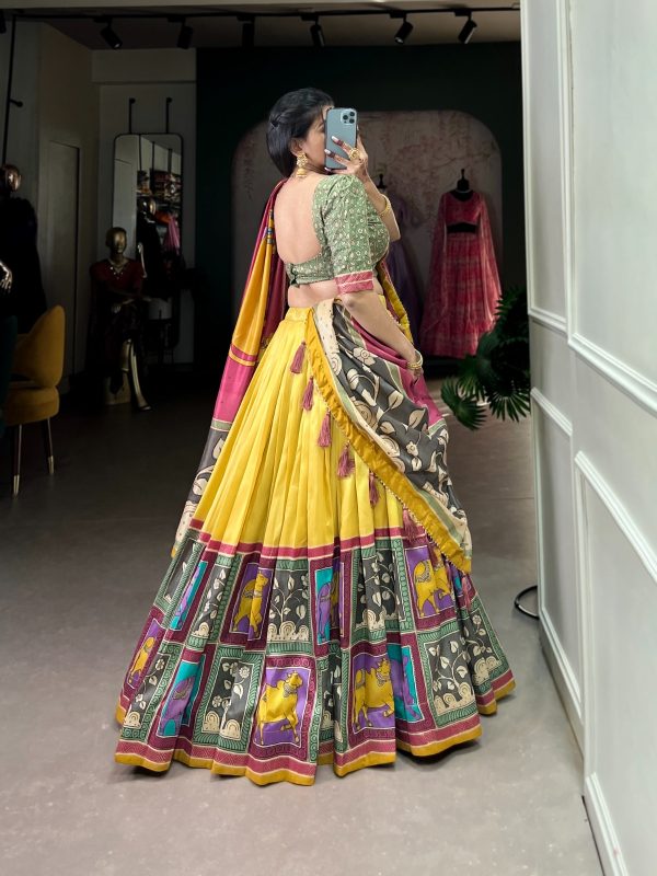LNB 1235 Yellow Color Tasar Silk Kalamkari With Foil Work Lehenga Choli Wedding, Party, Festive, Events Etc. Delivery 4-6 Working Days Rs 2499 | Lehenga, Bollywood Lehenga, Creative Lehenga, Designer Lehenga, Embroidered Lehenga, Party Wear Lehenga