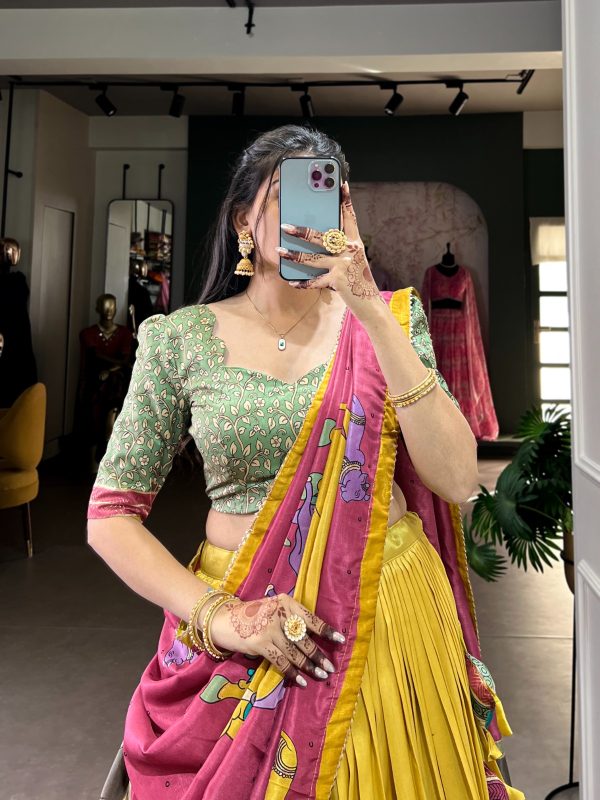 LNB 1235 Yellow Color Tasar Silk Kalamkari With Foil Work Lehenga Choli Wedding, Party, Festive, Events Etc. Delivery 4-6 Working Days Rs 2499 | Lehenga, Bollywood Lehenga, Creative Lehenga, Designer Lehenga, Embroidered Lehenga, Party Wear Lehenga