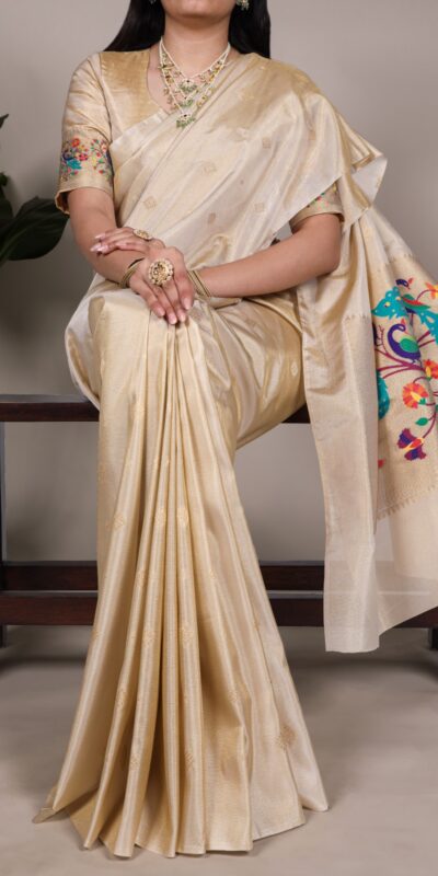 YNF 7905 Cream Tissue Paithani with Zari Work Saree .Wedding, Party, Festive, Events, Best Price ₹2399. Delivery 4-6 Working Days. Shop now. | Sarees, Bollywood Sarees, Creative Sarees, Designer Sarees, Embroidered Sarees, Ethnic Saree, Modern Digital sarees, Party Wear Sarees