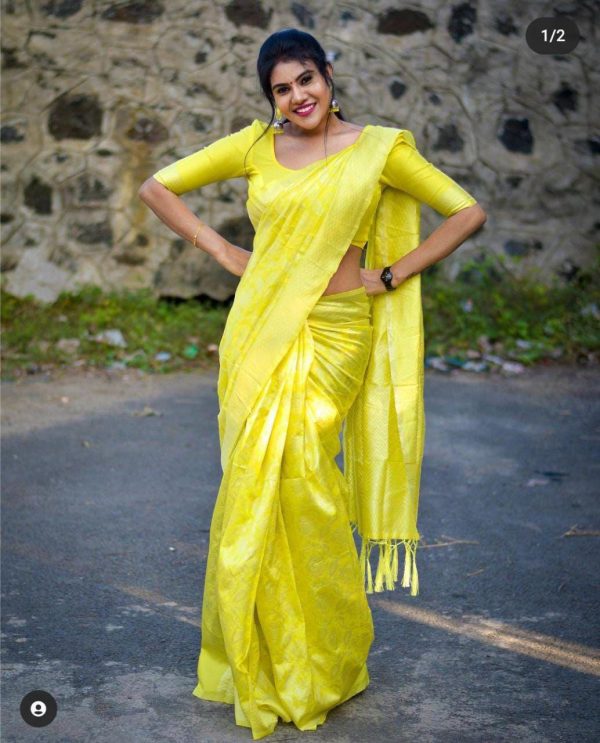 KP 1073 Light Yellow Soft Lichi Silk Saree Perfect for Wedding, Party, Sangeet, Ethnic Day, Festival Celebrations Get it for ₹1399. Delivery 4-6 Working Da | Sarees, Bollywood Sarees, Creative Sarees, Designer Sarees, Embroidered Sarees, Ethnic Saree, Modern Digital sarees, Party Wear Sarees