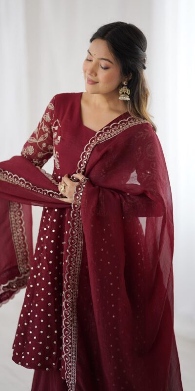 ZSR 3134 Maroon Crunchy Silk Salwar Suit Perfect for Wedding, Party, Sangeet, Anniversary, Housewarming Introductory Price ₹2399. Delivery 4-6 | Jump Suits, Salwar suit, Casual Suits, Creative suits, Designer Suits, Palazzo Suits, Party Wear Suits, Patiala Suits, Straight Suits