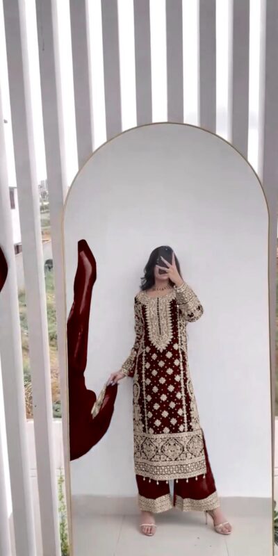 SR 1654 Maroon in Faux Georgette With Heavy Embroidery Sequence Work Wedding, Party, Festive, Events Special 4-6 Working Days At 2599/- Only | Jump Suits, Salwar suit, Casual Suits, Creative suits, Designer Suits, Palazzo Suits, Party Wear Suits, Patiala Suits, Straight Suits