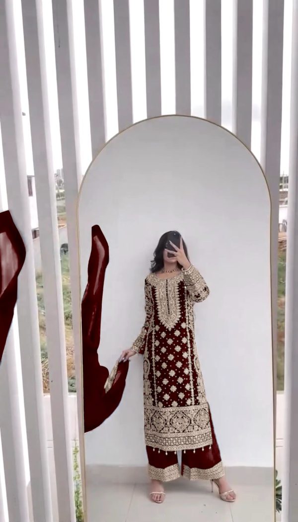 SR 1654 Maroon in Faux Georgette With Heavy Embroidery Sequence Work Wedding, Party, Festive, Events Special 4-6 Working Days At 2599/- Only | Jump Suits, Salwar suit, Casual Suits, Creative suits, Designer Suits, Palazzo Suits, Party Wear Suits, Patiala Suits, Straight Suits