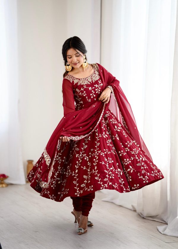 SRK 5299 Maroon Faux Georgette With Sequence Work Perfect for Wedding, Party, Temple Visit, Ganesh Chaturthi Festive, Events, 4-6 Working Days At 2149 | Gowns, Bollywood Gowns, Creative Gowns, Designer Gowns, Embroidered Gowns, Party Wear Gowns