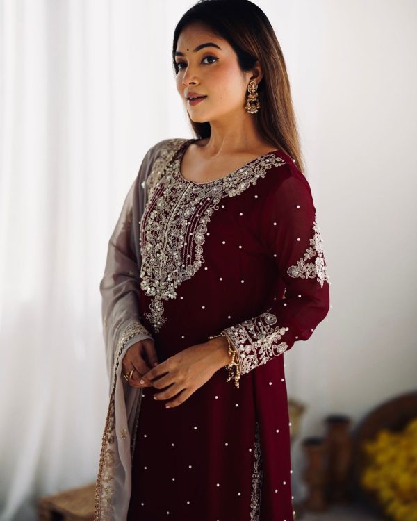 SR 1676 Maroon Heavy Faux Georgette With Heavy Embroidery Perfect for Wedding, Party, Ethnic Day, Reception, Diwali 4-6 Working Days At 2049/- Only | Jump Suits, Salwar suit, Casual Suits, Creative suits, Designer Suits, Palazzo Suits, Party Wear Suits, Patiala Suits, Straight Suits