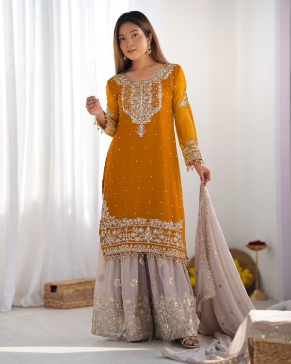 SR 1676 Mustard Heavy Faux Georgette With Heavy Embroidery Perfect for Wedding, Party, Ethnic Day, Reception, Diwali 4-6 Working Days At 2049/- Only | Jump Suits, Salwar suit, Casual Suits, Creative suits, Designer Suits, Palazzo Suits, Party Wear Suits, Patiala Suits, Straight Suits
