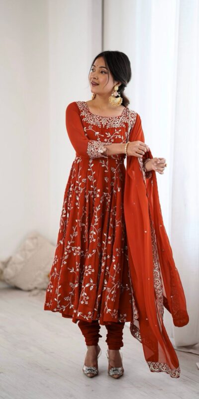 SRK 5299 Orange Georgette With Sequence Work Perfect for Wedding, Party, Lohri, Temple Visit, Ganesh Chaturthi Festive, Events, 4-6 Working Days At 2149 | Gowns, Bollywood Gowns, Creative Gowns, Designer Gowns, Embroidered Gowns, Party Wear Gowns