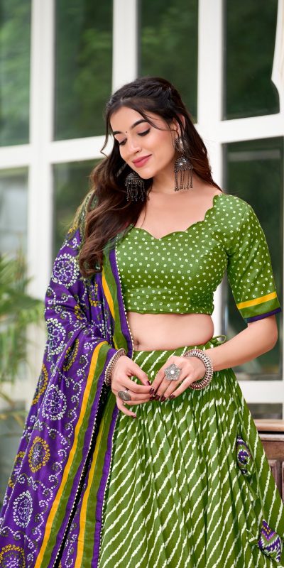 LNB 1224 Parrot Green Tasar Silk Lehenga Choli With Bandhej Print & Patola Print. Now at just ₹2449. Delivery 4-6 Working Days. Shop now. | Lehenga, Bollywood Lehenga, Creative Lehenga, Designer Lehenga, Embroidered Lehenga, Party Wear Lehenga