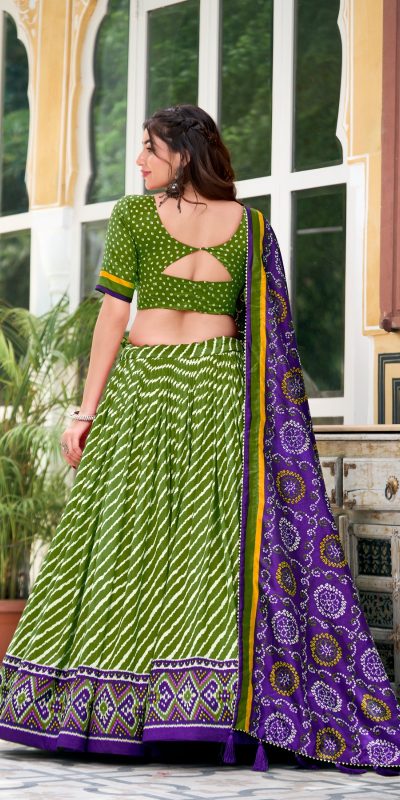LNB 1224 Parrot Green Tasar Silk Lehenga Choli With Bandhej Print & Patola Print. Now at just ₹2449. Delivery 4-6 Working Days. Shop now. | Lehenga, Bollywood Lehenga, Creative Lehenga, Designer Lehenga, Embroidered Lehenga, Party Wear Lehenga