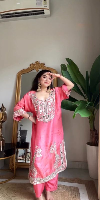 RTC 5919 Peach Roman Silk With Mirror Work Salwar Suit Wedding, Party, Festive, Events, Navratri Garba, Introductory Price ₹2099. Delivery 4-6 Working Days. | Jump Suits, Tops & Bottoms, Track Suits, Salwar suit, Casual Suits, Creative suits, Designer Suits, Palazzo Suits, Party Wear Suits, Patiala Suits, Straight Suits, Trendy Wear