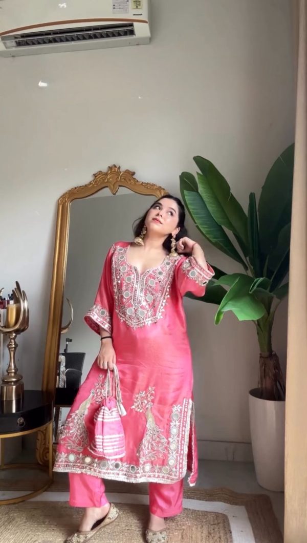 RTC 5919 Peach Roman Silk With Mirror Work Salwar Suit Wedding, Party, Festive, Events, Navratri Garba, Introductory Price ₹2099. Delivery 4-6 Working Days. | Jump Suits, Tops & Bottoms, Track Suits, Salwar suit, Casual Suits, Creative suits, Designer Suits, Palazzo Suits, Party Wear Suits, Patiala Suits, Straight Suits, Trendy Wear