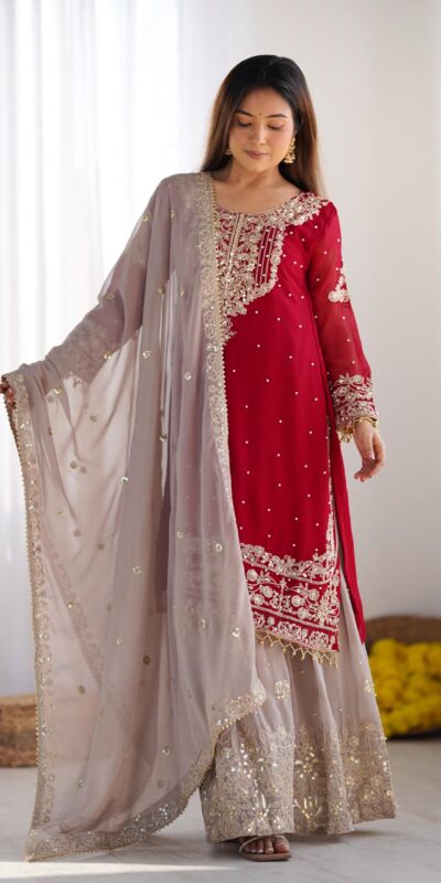 SR 1676 Red Heavy Faux Georgette With Heavy Embroidery Perfect for Wedding, Party, Ethnic Day, Reception, Diwali 4-6 Working Days At 2049/- Only | Jump Suits, Salwar suit, Casual Suits, Creative suits, Designer Suits, Palazzo Suits, Party Wear Suits, Patiala Suits, Straight Suits