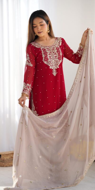 SR 1676 Red Heavy Faux Georgette With Heavy Embroidery Perfect for Wedding, Party, Ethnic Day, Reception, Diwali 4-6 Working Days At 2049/- Only | Jump Suits, Salwar suit, Casual Suits, Creative suits, Designer Suits, Palazzo Suits, Party Wear Suits, Patiala Suits, Straight Suits