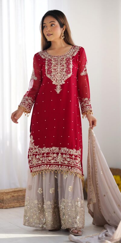 SR 1676 Red Heavy Faux Georgette With Heavy Embroidery Perfect for Wedding, Party, Ethnic Day, Reception, Diwali 4-6 Working Days At 2049/- Only | Jump Suits, Salwar suit, Casual Suits, Creative suits, Designer Suits, Palazzo Suits, Party Wear Suits, Patiala Suits, Straight Suits