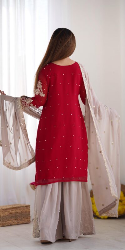 SR 1676 Red Heavy Faux Georgette With Heavy Embroidery Perfect for Wedding, Party, Ethnic Day, Reception, Diwali 4-6 Working Days At 2049/- Only | Jump Suits, Salwar suit, Casual Suits, Creative suits, Designer Suits, Palazzo Suits, Party Wear Suits, Patiala Suits, Straight Suits