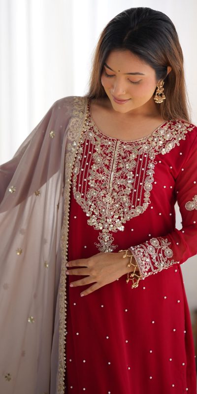 SR 1676 Red Red Heavy Faux Georgette With Heavy Embroidery Perfect for Wedding, Party, Ethnic Day, Reception, Diwali 4-6 Working Days At 2049/- Only | Jump Suits, Salwar suit, Casual Suits, Creative suits, Designer Suits, Palazzo Suits, Party Wear Suits, Patiala Suits, Straight Suits