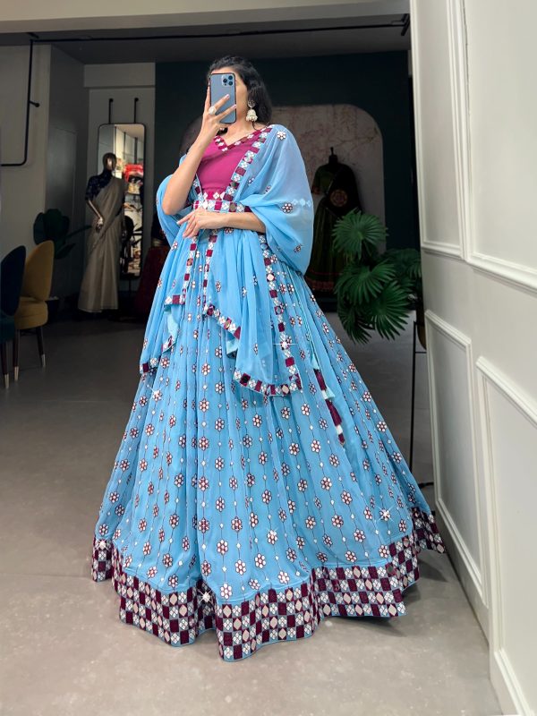 Choli LNB 1733 Sky Blue Georgette Mirror Work & Embroidery Work Lehenga in . Now at just ₹1999. Delivery 4-6 Working Days. Shop now. | Lehenga, Bollywood Lehenga, Creative Lehenga, Designer Lehenga, Embroidered Lehenga, Party Wear Lehenga