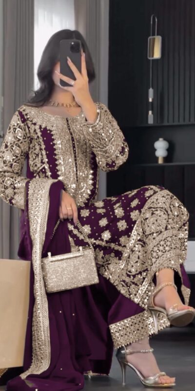 SR 1654 Maroon in Faux Georgette With Heavy Embroidery Sequence Work Wedding, Party, Festive, Events Special 4-6 Working Days At 2599/- Only | Jump Suits, Salwar suit, Casual Suits, Creative suits, Designer Suits, Palazzo Suits, Party Wear Suits, Patiala Suits, Straight Suits