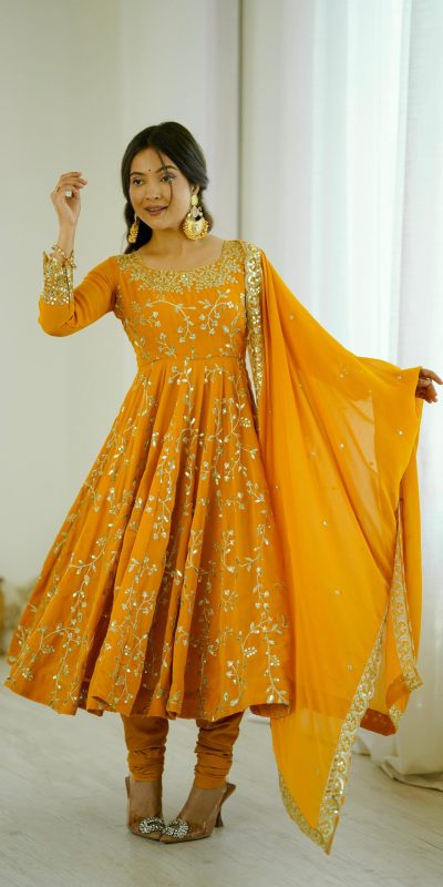 SRK 5299 Yellow Faux Georgette With Sequence Work Perfect for Wedding, Party, Temple Visit, Ganesh Chaturthi Festive, Events, 4-6 Working Days At 2149 | Gowns, Bollywood Gowns, Creative Gowns, Designer Gowns, Embroidered Gowns, Party Wear Gowns