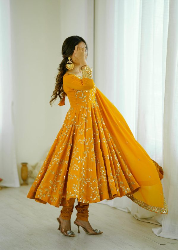 SRK 5299 Yellow Faux Georgette With Sequence Work Perfect for Wedding, Party, Temple Visit, Ganesh Chaturthi Festive, Events, 4-6 Working Days At 2149 | Gowns, Bollywood Gowns, Creative Gowns, Designer Gowns, Embroidered Gowns, Party Wear Gowns