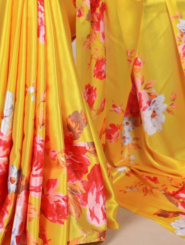 YNF 7004 Yellow Color Satin Silk Floral Printed Designer Work Saree . Grab it for ₹1549. Delivery 4-6 Working Days. Shop now. | Sarees, Bollywood Sarees, Creative Sarees, Designer Sarees, Embroidered Sarees, Ethnic Saree, Modern Digital sarees, Party Wear Sarees
