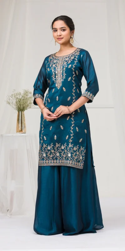 Alternative view of Peacock Blue Blooming Vichitra Embroidery Work Salwar Suit