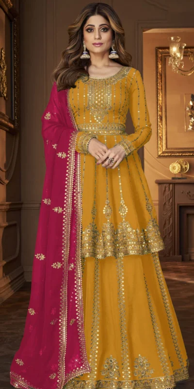 DS A 9125 Yellow Faux Georgette Salwar Suit with Embroidery Work. Special Price ₹2599. Delivery 4-6 Working Days. Shop now. | Jump Suits, Tops & Bottoms, Track Suits, Salwar suit, Casual Suits, Creative suits, Designer Suits, Palazzo Suits, Party Wear Suits, Patiala Suits, Straight Suits, Trendy Wear