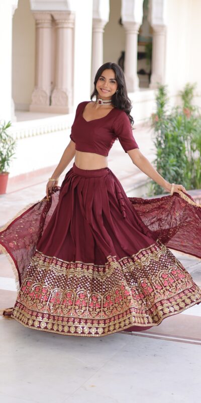 KA 5051 Maroon in Vichitra Silk Embroidery Work & Sequins Work Lehenga Choli . Now at just ₹2499. Delivery 4-6 Working Days. Shop now. | Lehenga, Bollywood Lehenga, Creative Lehenga, Designer Lehenga, Embroidered Lehenga, Party Wear Lehenga