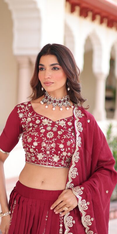 KA 5052 Maroon Vichitra Silk Lehenga Choli Perfect for Wedding, Party, Baby Shower, Cultural Events, Pooja – . Exclusive Offer ₹2599. Delivery 4-6 Wo | Lehenga, Bollywood Lehenga, Creative Lehenga, Designer Lehenga, Embroidered Lehenga, Party Wear Lehenga