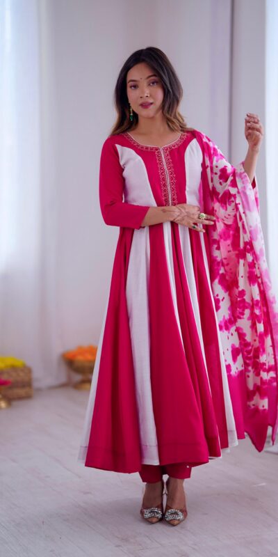ZF 5014 Pink Roman Silk Gown with Embroidery Work & Digital Print . Exclusive Offer ₹2149. Delivery 4-6 Working Days. Shop now. | Gowns, Bollywood Gowns, Creative Gowns, Designer Gowns, Embroidered Gowns, Party Wear Gowns