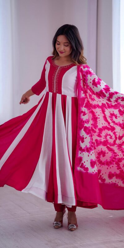 ZF 5014 Pink Roman Silk Gown with Embroidery Work & Digital Print . Exclusive Offer ₹2149. Delivery 4-6 Working Days. Shop now. | Gowns, Bollywood Gowns, Creative Gowns, Designer Gowns, Embroidered Gowns, Party Wear Gowns