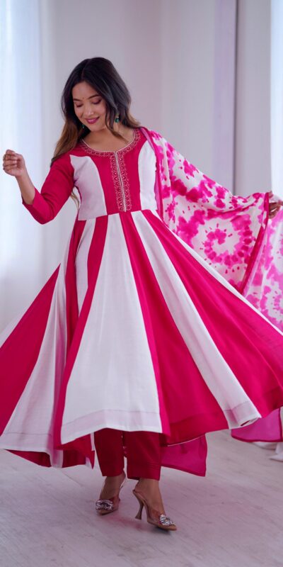 ZF 5014 Pink Roman Silk Gown with Embroidery Work & Digital Print . Exclusive Offer ₹2149. Delivery 4-6 Working Days. Shop now. | Gowns, Bollywood Gowns, Creative Gowns, Designer Gowns, Embroidered Gowns, Party Wear Gowns