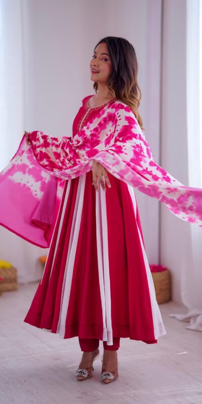 ZF 5014 Pink Roman Silk Gown with Embroidery Work & Digital Print . Exclusive Offer ₹2149. Delivery 4-6 Working Days. Shop now. | Gowns, Bollywood Gowns, Creative Gowns, Designer Gowns, Embroidered Gowns, Party Wear Gowns