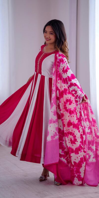 ZF 5014 Pink Roman Silk Gown with Embroidery Work & Digital Print . Exclusive Offer ₹2149. Delivery 4-6 Working Days. Shop now. | Gowns, Bollywood Gowns, Creative Gowns, Designer Gowns, Embroidered Gowns, Party Wear Gowns