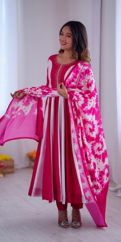 ZF 5014 Pink Roman Silk Gown with Embroidery Work & Digital Print . Exclusive Offer ₹2149. Delivery 4-6 Working Days. Shop now. | Gowns, Bollywood Gowns, Creative Gowns, Designer Gowns, Embroidered Gowns, Party Wear Gowns