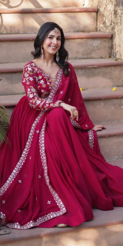 KA 1147 Red in Color Faux Blooming Embroidery Work & Zari Work Gown . Grab it for ₹2049. Delivery 4-6 Working Days. Shop now. | Gowns, Bollywood Gowns, Creative Gowns, Designer Gowns, Embroidered Gowns, Party Wear Gowns